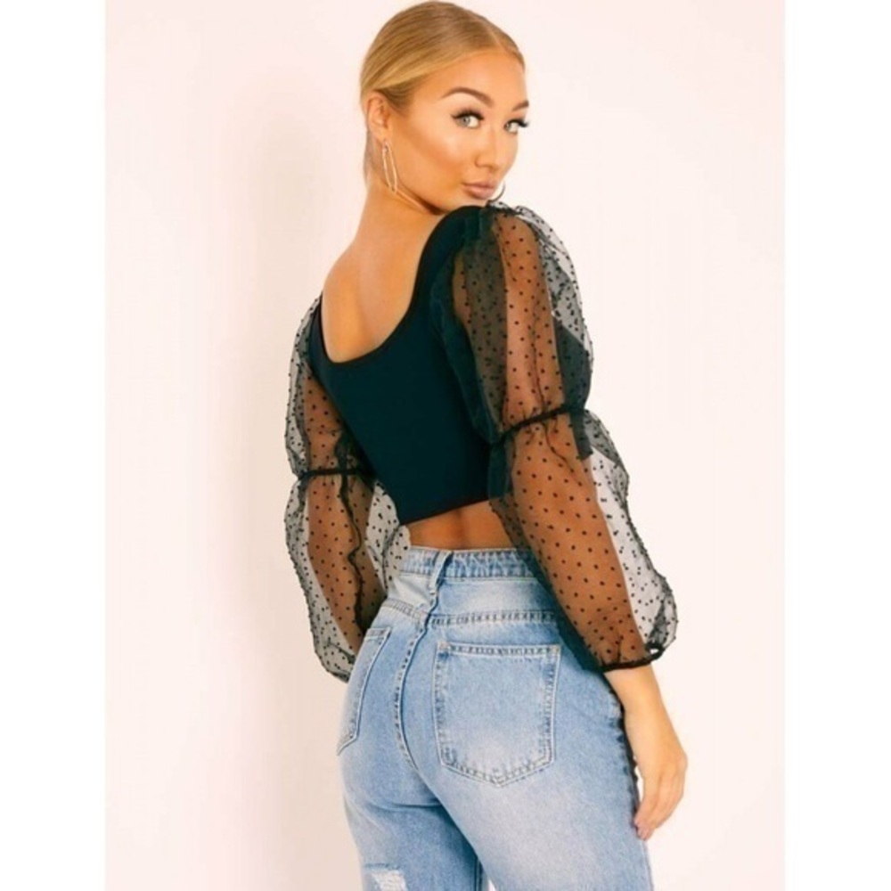 PrettyLittleThing Black Ribbed Sheer Balloon Sleeve Dot Crop Top Goth witchy
